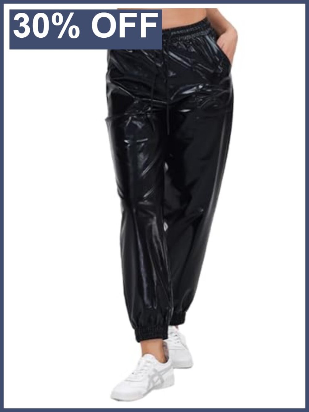 High Waist Metallic Holographic Jogger Pants Drawstring Tapered Leg